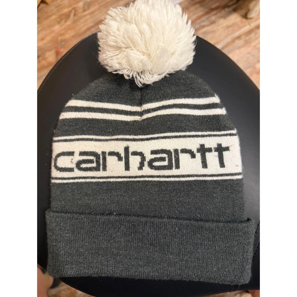 Carhartt Kids Gray White Pom-Pom Beanie Logo Knit Hat AH8985 Youth One Size